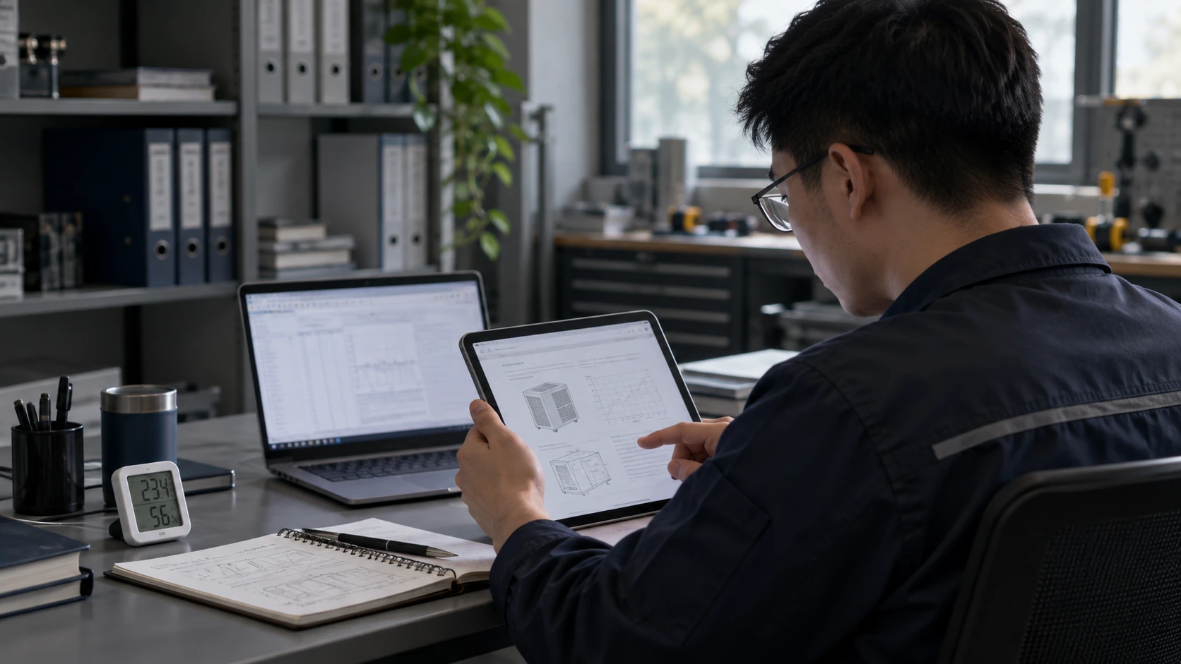 An engineer reading technical application information