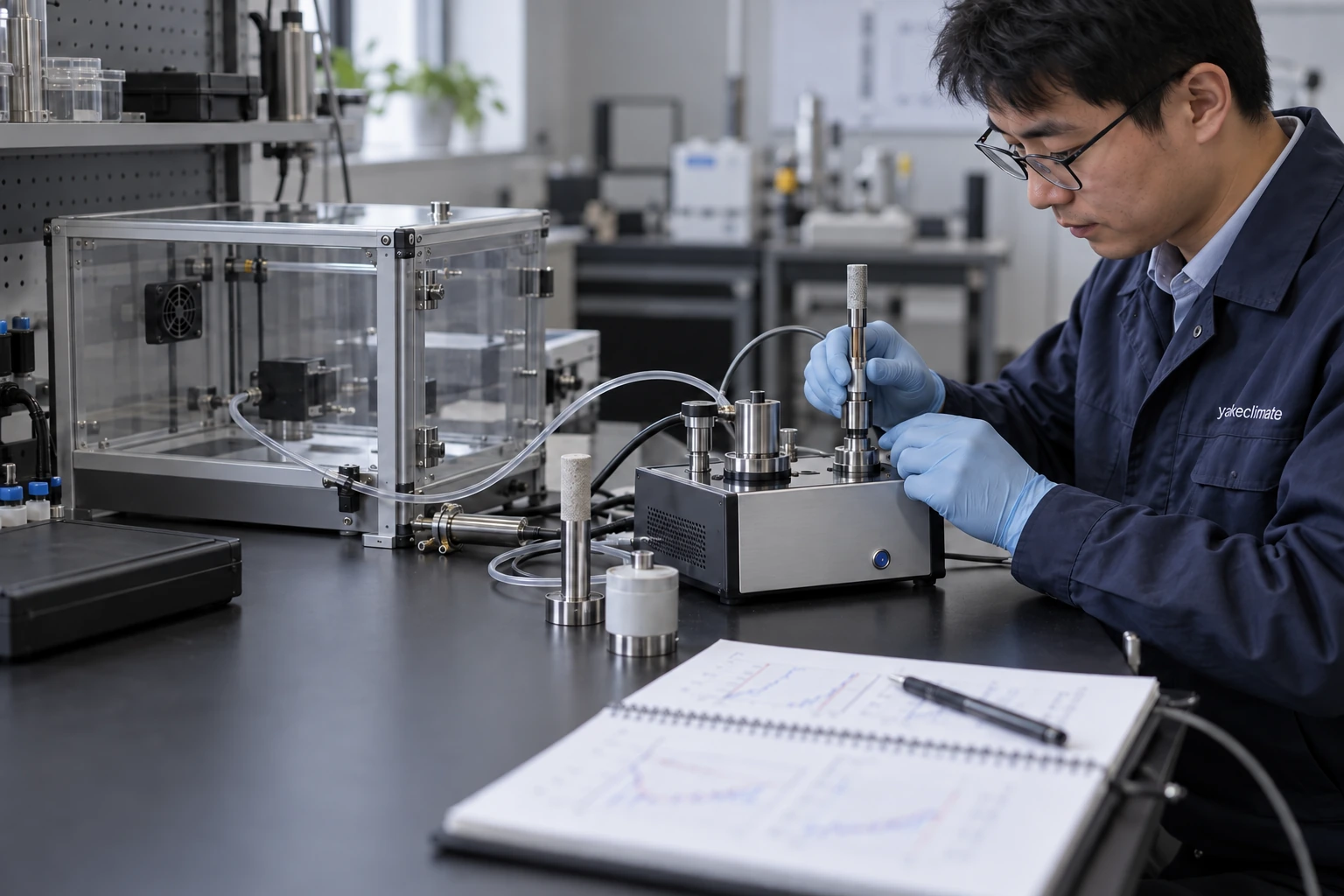 A Chinese technician working with humidity measurement instruments