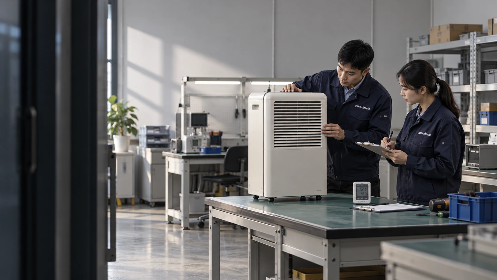 Chinese staff reviewing a compact cabinet and project notes
