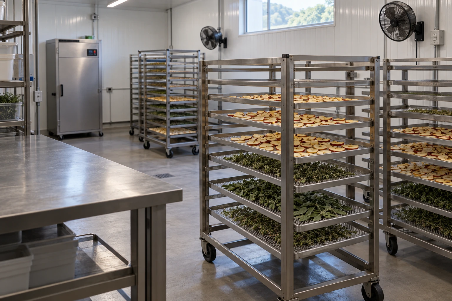Agricultural produce on stainless tray racks in a drying room