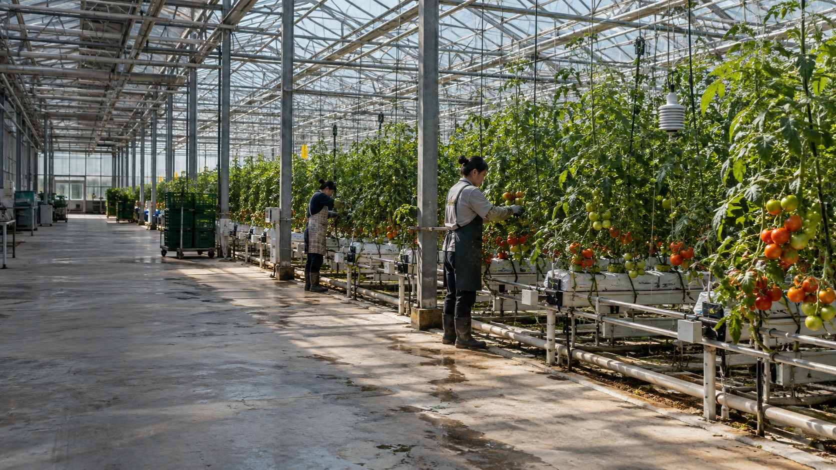 Tomato crop rows and environmental sensors in a glass greenhouse