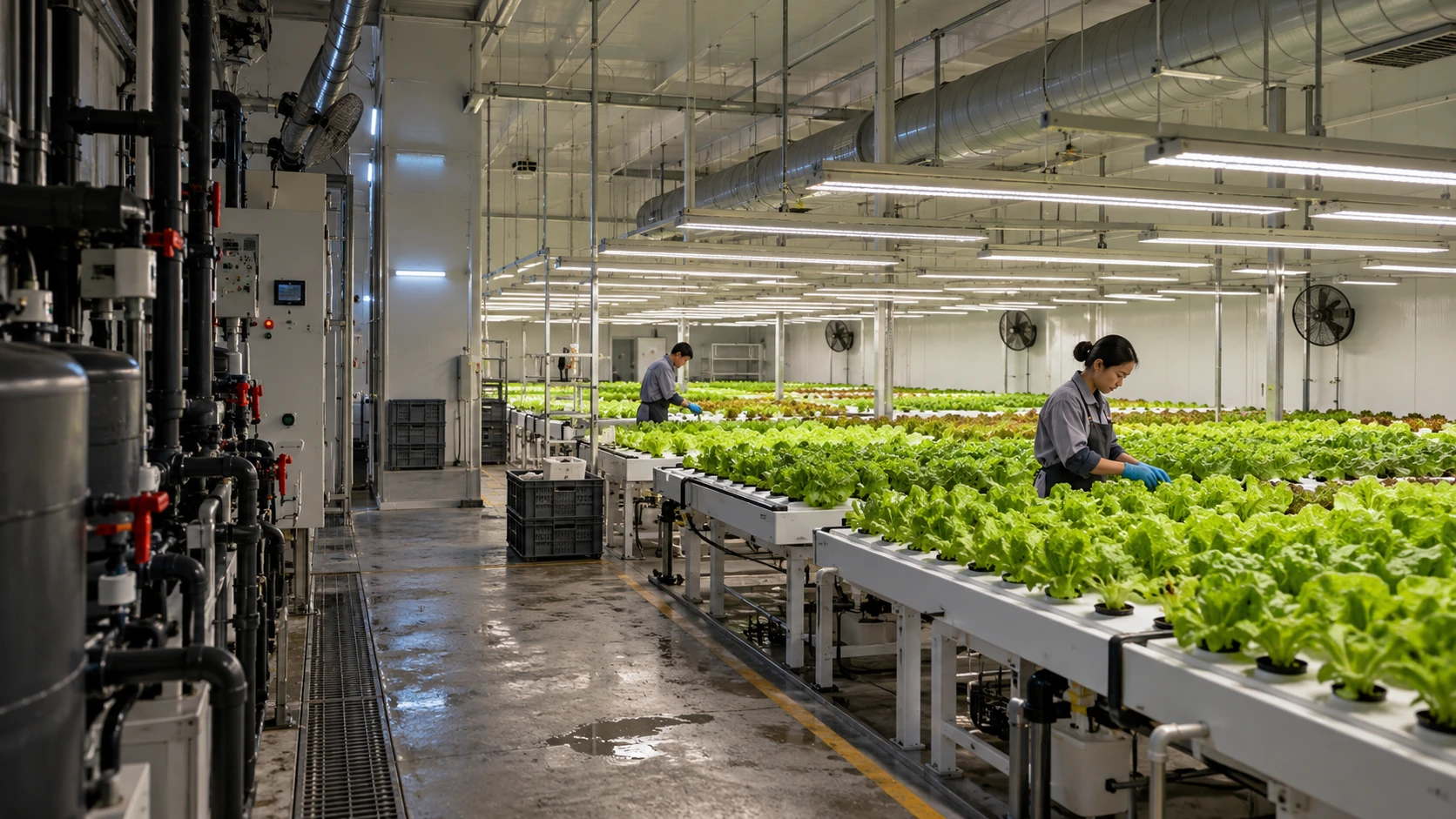 Leafy crops under white grow lights in an enclosed cultivation room