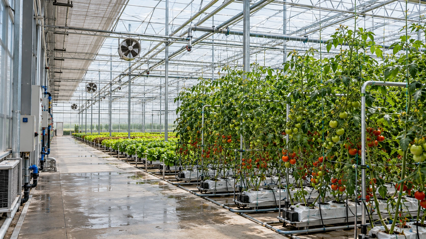Tomato cultivation and climate infrastructure in a greenhouse