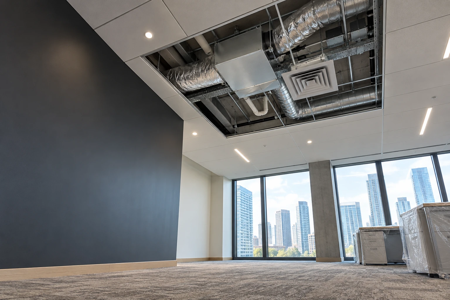 Ceiling service space and compact equipment in a commercial interior