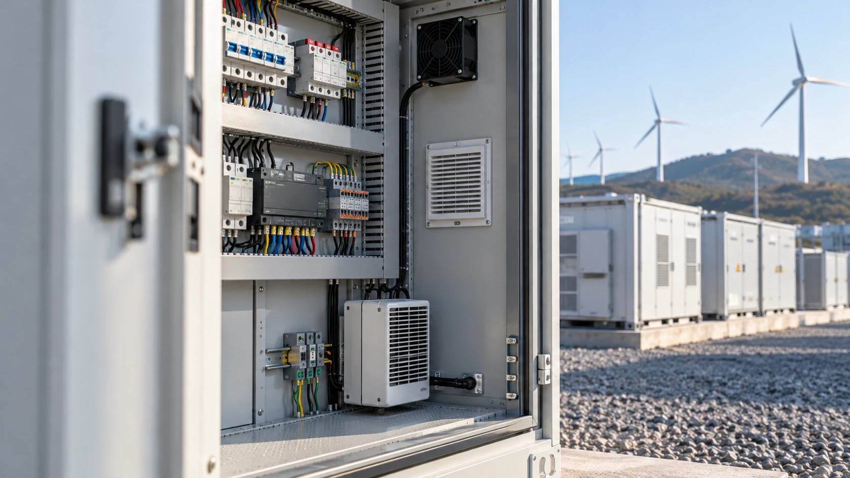Electrical enclosure components beside an energy-storage site