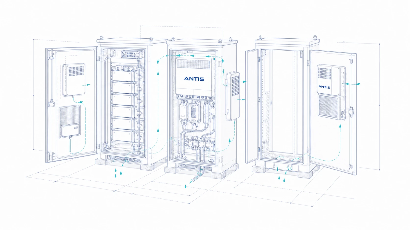 CAD drawing of compact dehumidification inside C&I battery and PCS cabinets