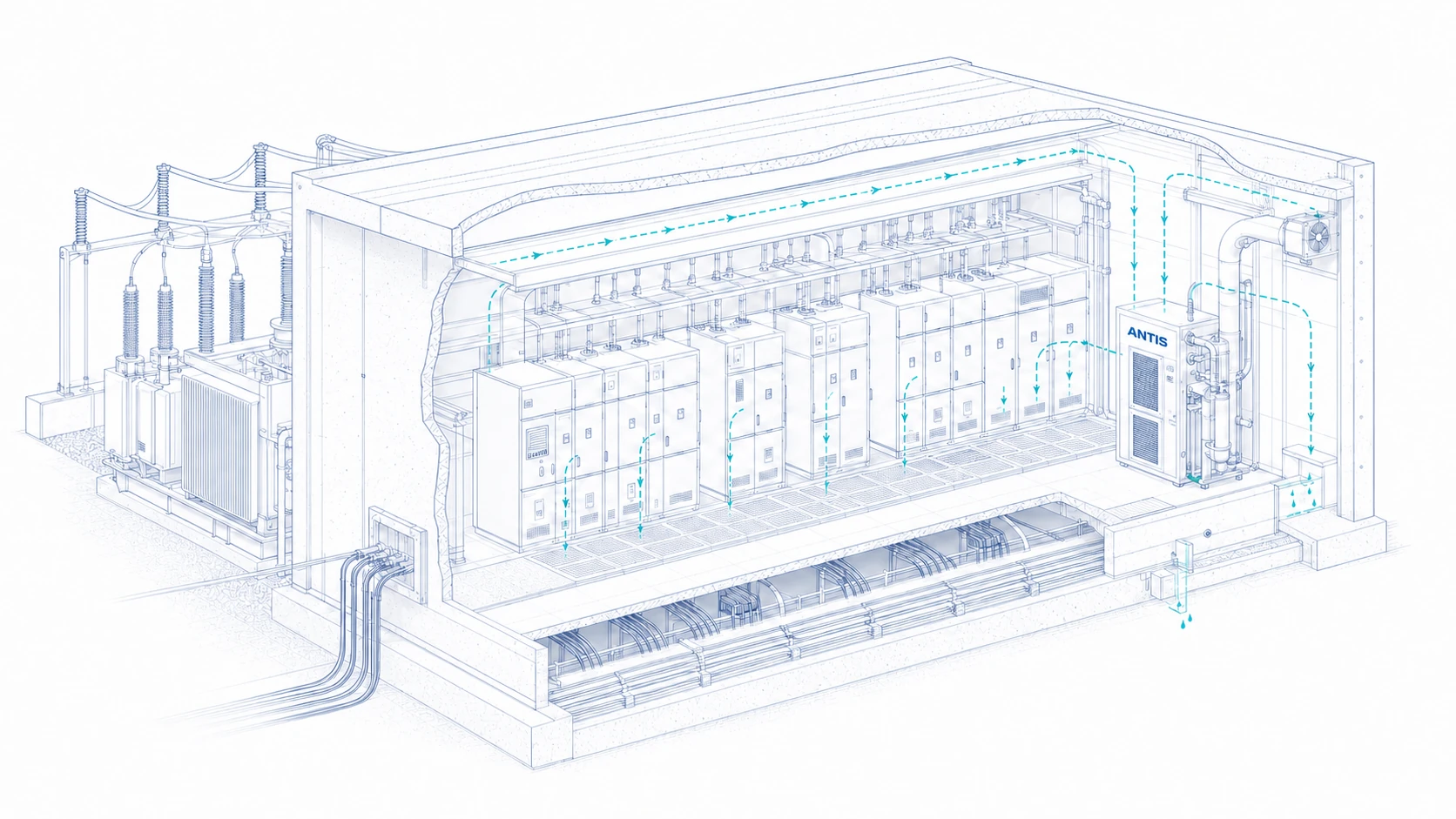 Cutaway CAD drawing of dehumidification in a substation switchgear room
