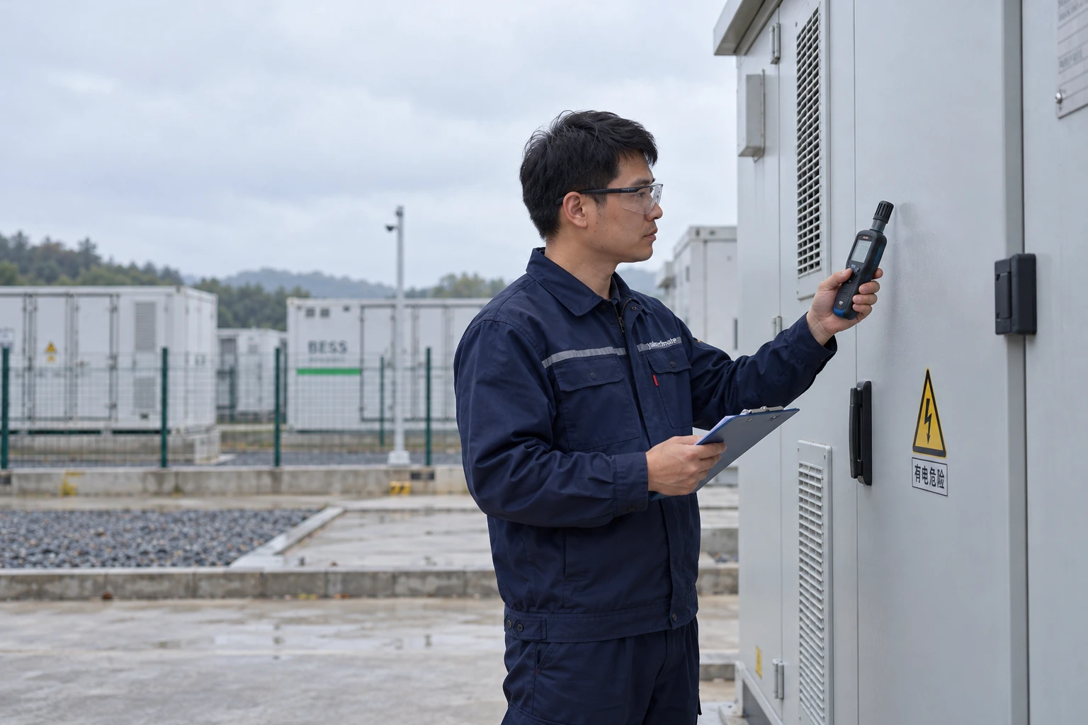 A Chinese technician measuring conditions beside an electrical enclosure