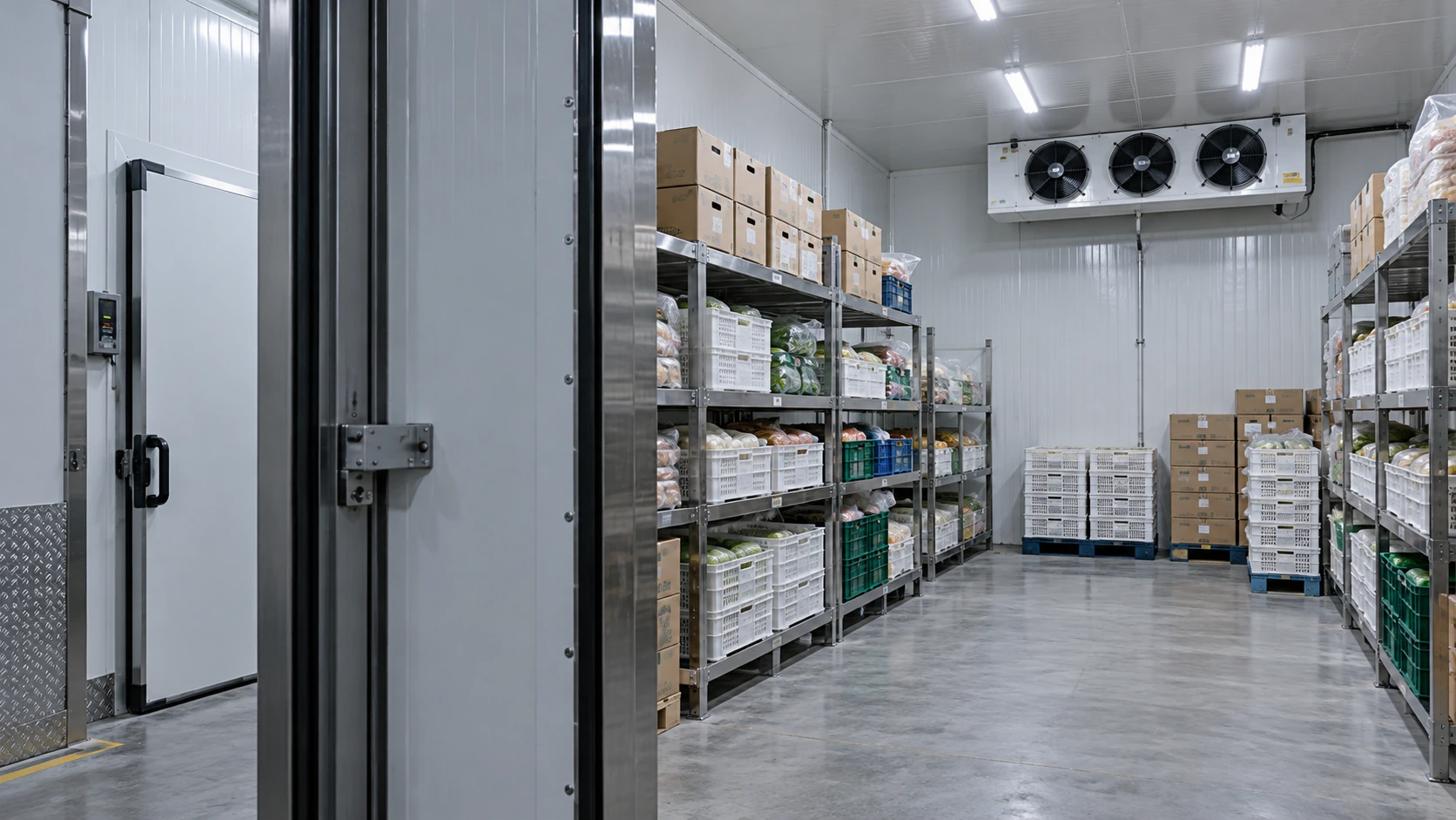 Insulated food cold room with storage racks and an air cooler