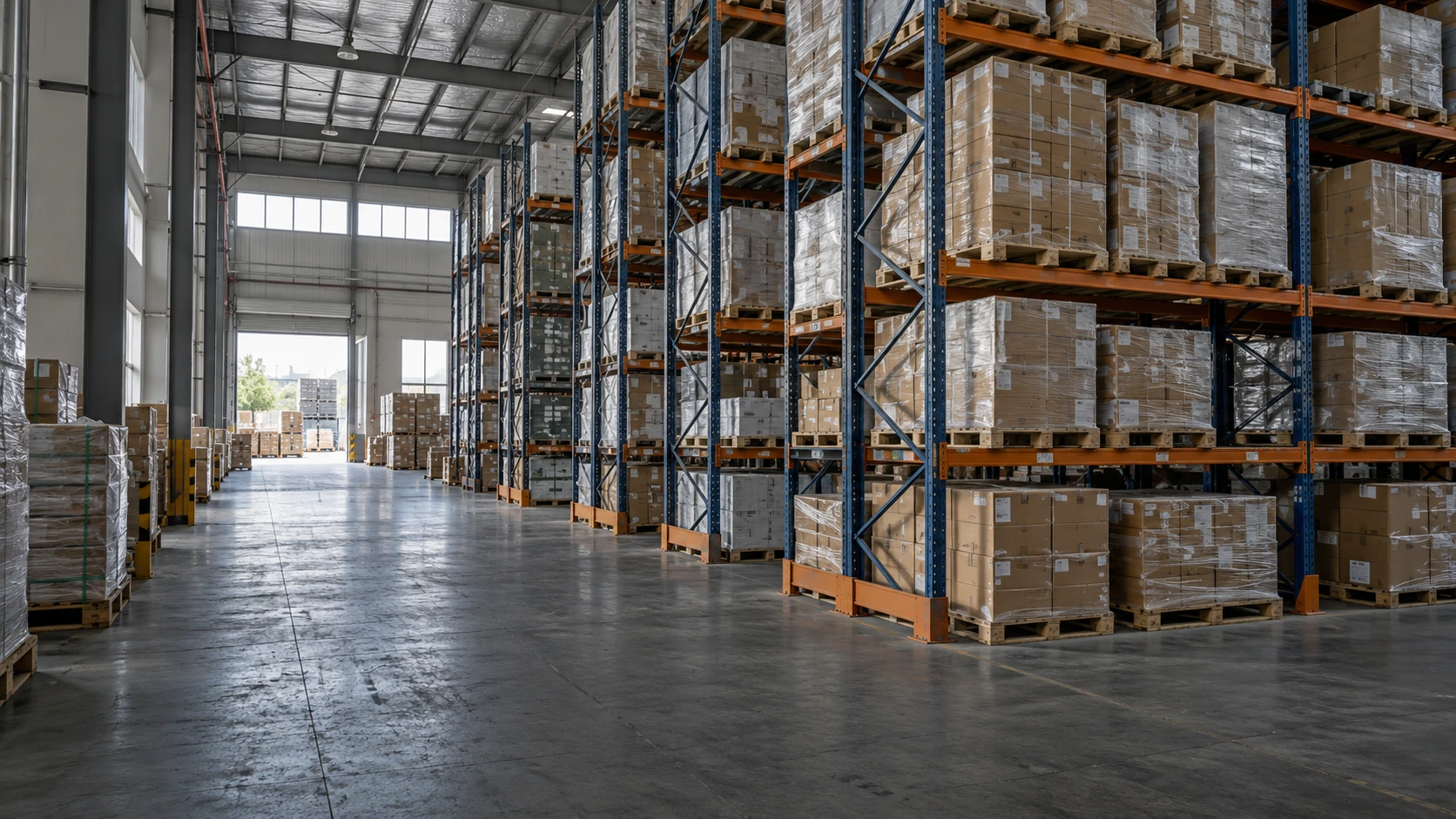 Pallet racking and packaged goods in an industrial warehouse