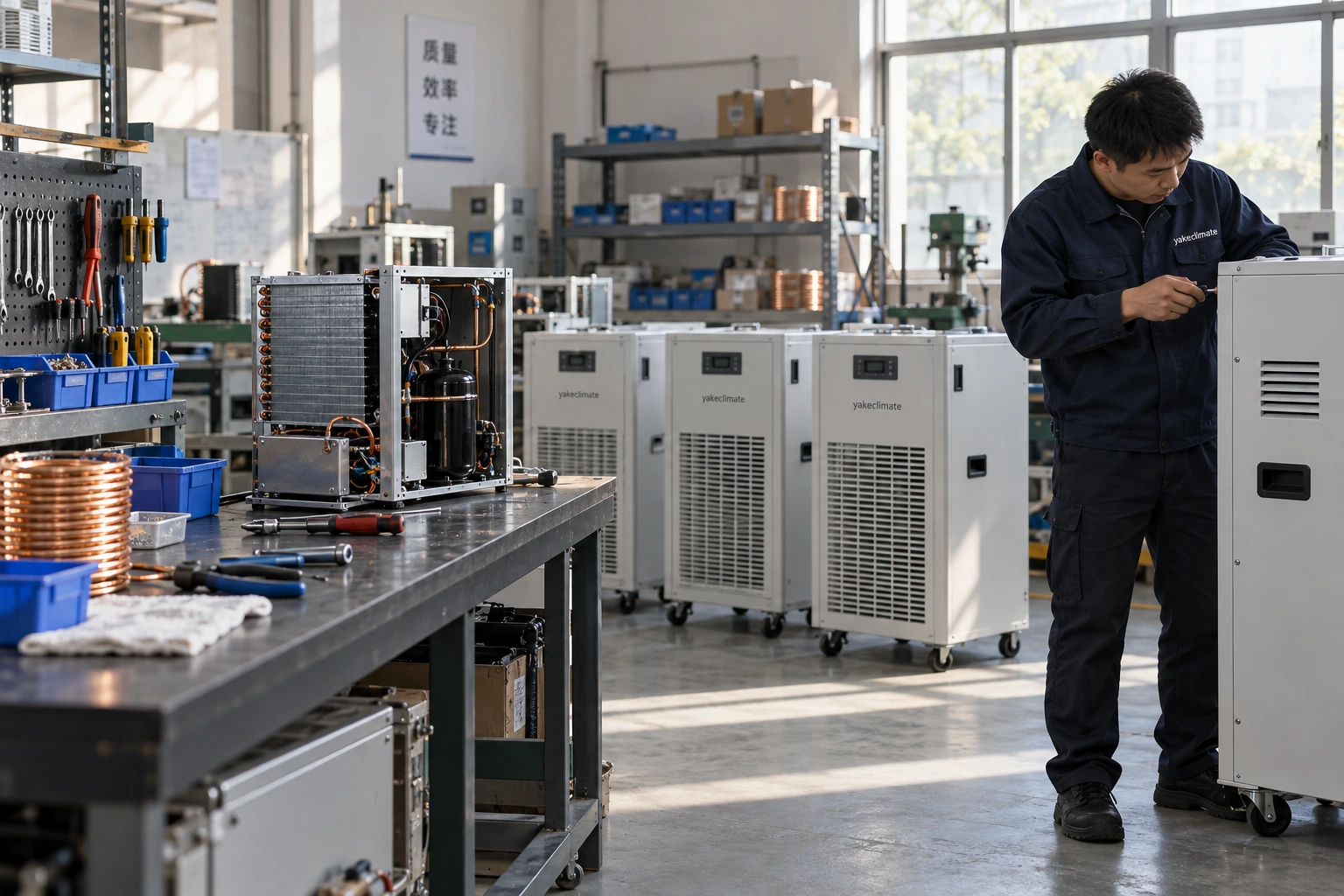 A Chinese technician working on compact humidity-control cabinets